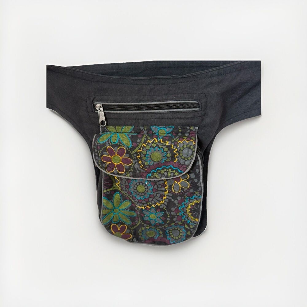 Himalaya Handmade Fanny Pack Hip Bag Black Gray Embroidered Boho Hippie Festival